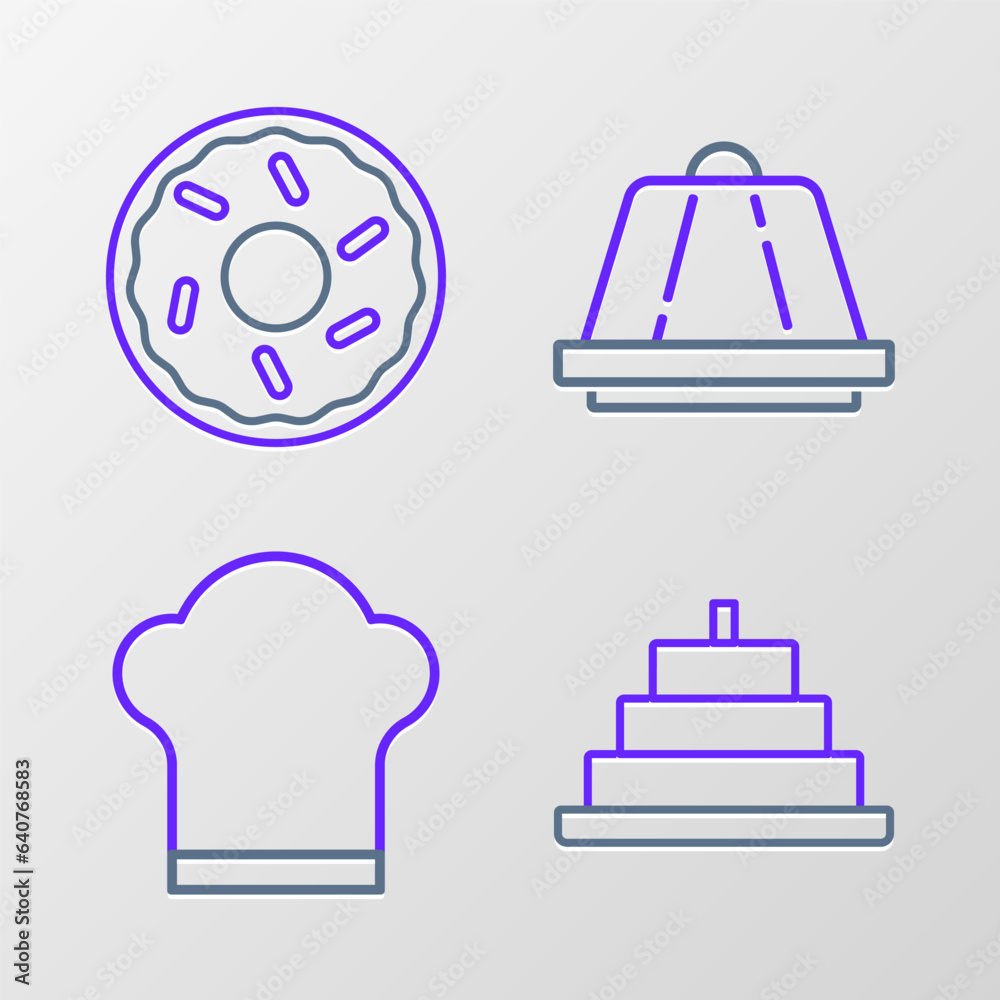 Set line Cake with burning candles, Chef hat, Pudding custard and Donut icon. Vector