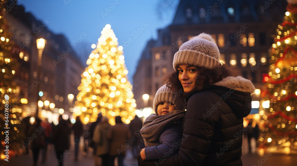 A smiling mixed race black mom and child in the city square with a lit up Christmas tree in the background, winter season, snow, happy holidays