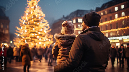 A father and child in the city square at night with a lit up Christmas tree in the background, winter season, happy holidays