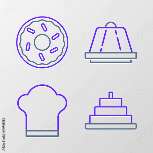 Set line Cake with burning candles, Chef hat, Pudding custard and Donut icon. Vector