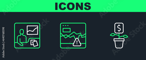 Set line Dollar plant, Trading courses and Failure stocks market icon. Vector