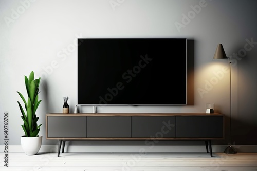 Television put on wood table tv stand on foreground in minimal interior room background white wall, Generative AI