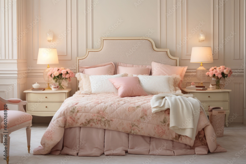 Cozy bedroom with pillows and an upholstered headboard. Bedroom in provence style. Interior details in pink tones. AI generated