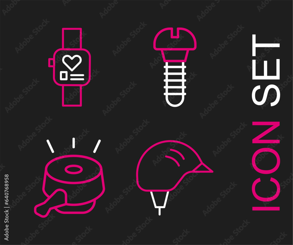 Set line Bicycle helmet, bell, Metallic screw and Smart watch icon. Vector Set line Bicycle helmet, bell, Metallic screw and Smart watch icon. Vector