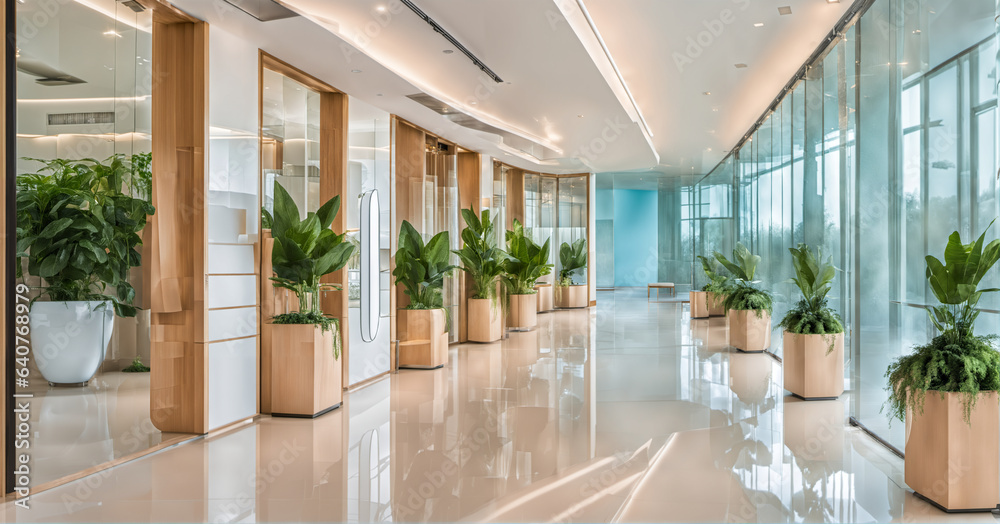 Modern futuristic business company entry hall or hotel lobby. Luxury