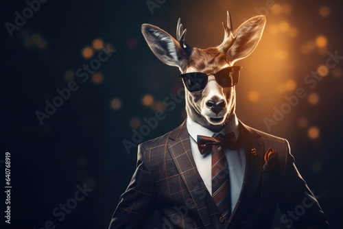 Anthropomorphic deer in sunglasses dressed in an elegant suit like a businessman. AI generated photo