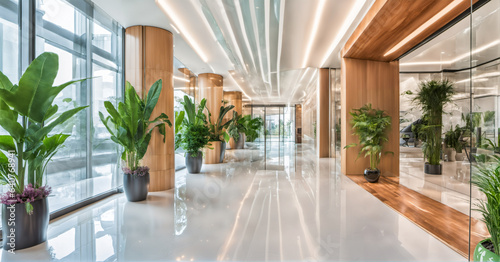Modern futuristic business company entry hall or hotel lobby. Luxury real estate interior design with glass, wood, plants and mirroring surfaces. Modern architecture interior design.