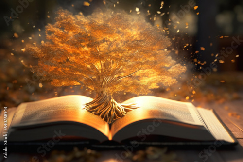 Mystery book with shining pages from which emerges a magical tree with magic sparkles. Generative AI