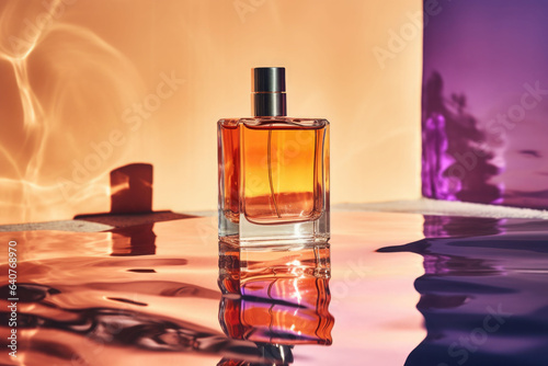 A bottle of perfume on a colorful background with hard shadow and water reflection. Minimalism style. AI generated