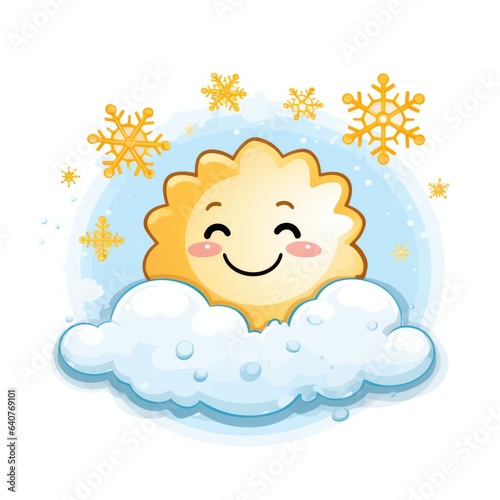 A smiling sun sitting on top of a cloud. Digital image.