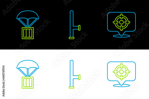 Set line Target sport, Airdrop box and Police rubber baton icon. Vector