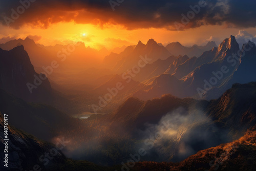 A panoramic view of a mountain under the golden sunset. Generative AI © barmaleeva