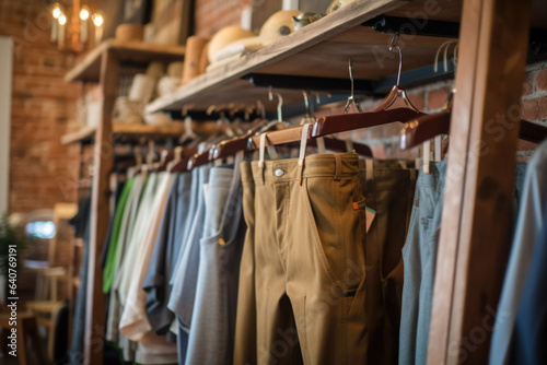 Trousers on hangers in a clothing store. Pants store, new clothes during shopping. Generative AI © barmaleeva