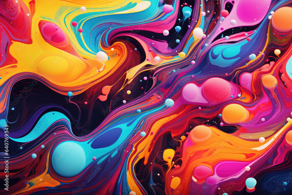 Abstract colorful paint. Liquid paints in blending flow mixing together gently. AI generated