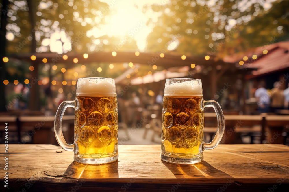 Two glasses of beer at a wooden table in the Oktoberfest event.