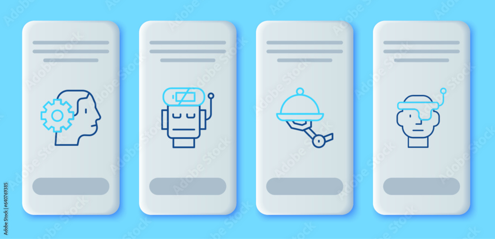 Set line Robot low battery charge, Waiter robot, Humanoid and Smart glasses icon. Vector