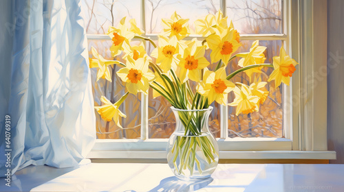 A bouquet of daffodil in a vase by the window, bathed in the warm sunlight. Colorful acrylic painting. Digital illustration generative AI. photo