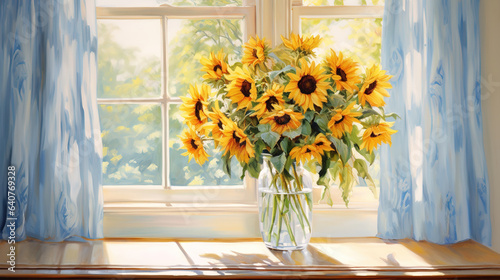 A bouquet of sunflower in a vase by the window, bathed in the warm sunlight. Colorful acrylic painting. Digital illustration generative AI.