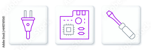Set line Screwdriver, Electric plug and Motherboard digital chip icon. Vector