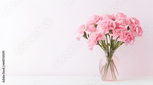 A bouquet of carnation in a vase isolated on a white background. Minimal photo style with copyspace. Digital illustration generative AI.