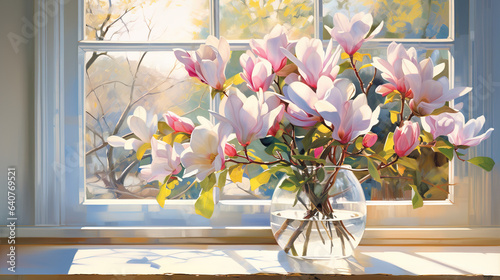 A bouquet of magnolia in a vase by the window, bathed in the warm sunlight. Colorful acrylic painting. Digital illustration generative AI.