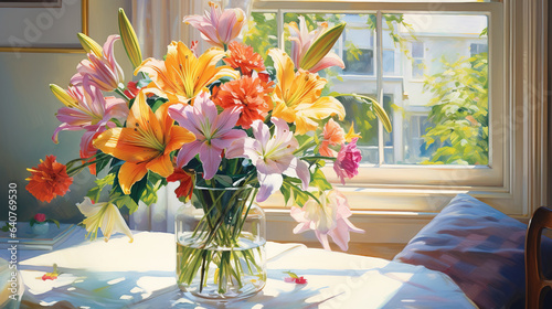 A bouquet of lily in a vase by the window, bathed in the warm sunlight. Colorful acrylic painting. Digital illustration generative AI.