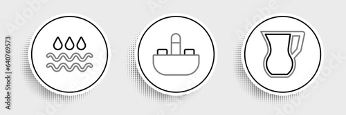 Set line Jug glass with water, Wave drop and Washbasin tap icon. Vector