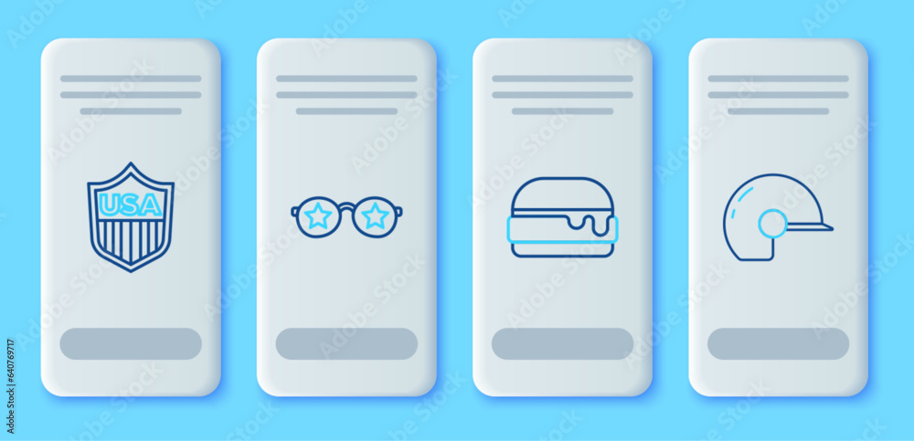 Set line Glasses with stars, Burger, Shield and Baseball helmet icon. Vector