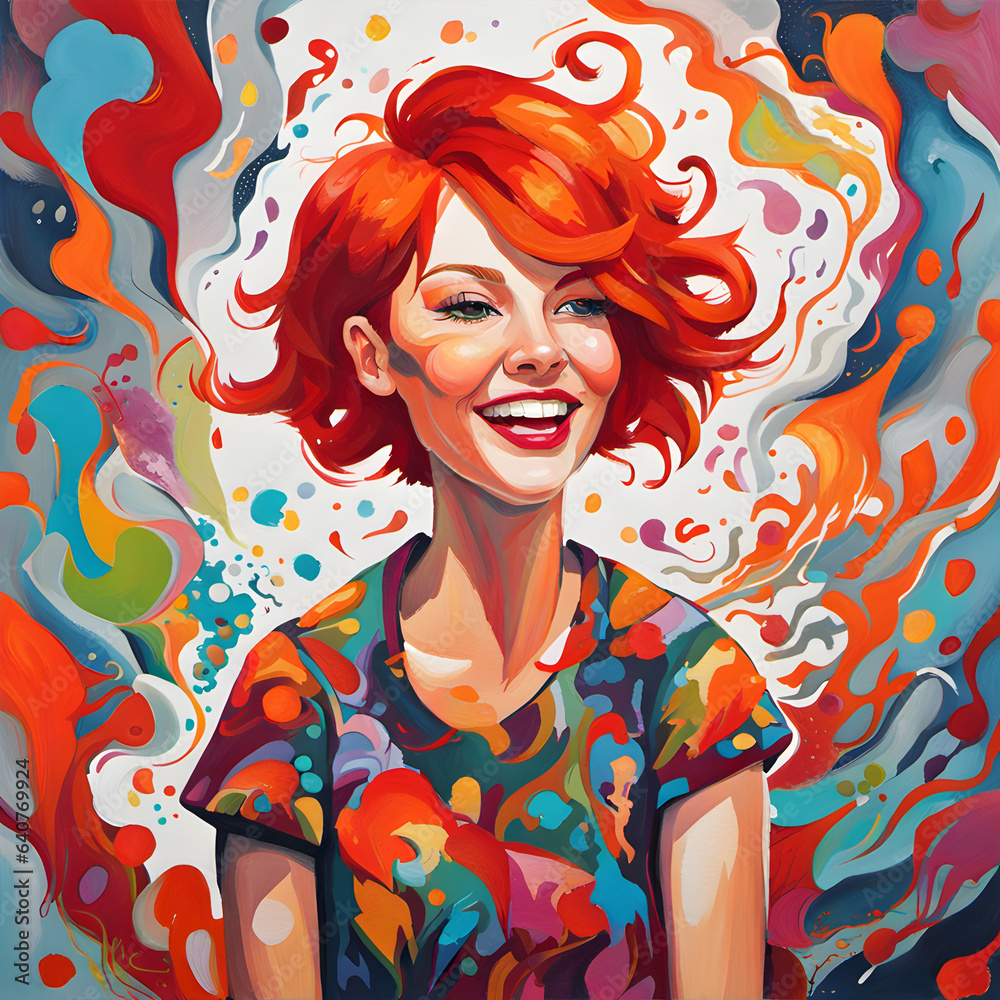 cartoon woman with red short hair smiling cheerful background colorful art cartoon woman with red short hair smiling cheerful background colorful art