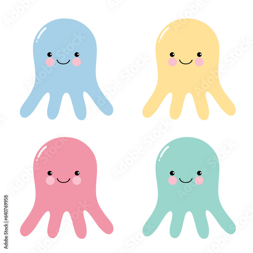 Set of cute cartoon smiling octopus. Vector illustration of an inhabitants of the underwater world. Octōpoda.