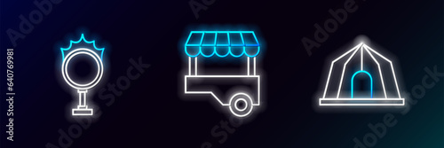 Set line Circus tent, fire hoop and Fast street food cart icon. Glowing neon. Vector