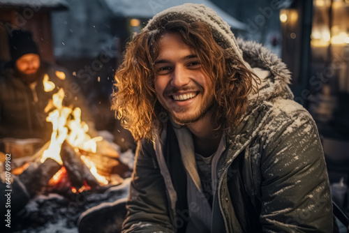 Junger Mann im Winter am Lagerfeuer in ausgelassener Stimmung. 