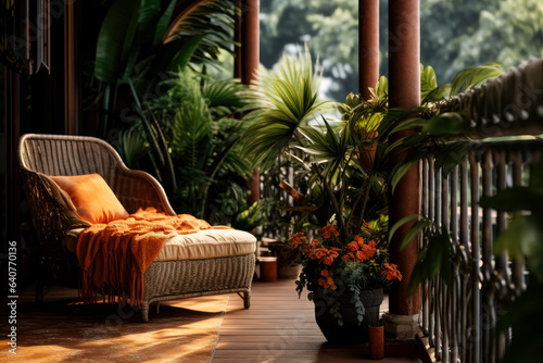 Private terrace with a wood balcony and plants, large plants and chairs indoor outdoor, wicker chair and plants.