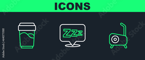 Set line Stationary bicycle, Glass with water and Sleepy icon. Vector