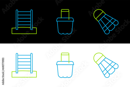 Set line Badminton shuttlecock, Swedish wall and Sand bucket icon. Vector