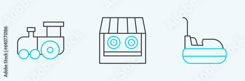 Set line Bumper car, Toy train and Shooting gallery icon. Vector