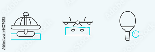 Set line Racket and ball, Attraction carousel and Seesaw icon. Vector