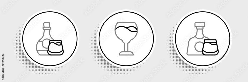 Set line Whiskey bottle and glass, and Wine icon. Vector Set line Whiskey bottle and glass, and Wine icon. Vector