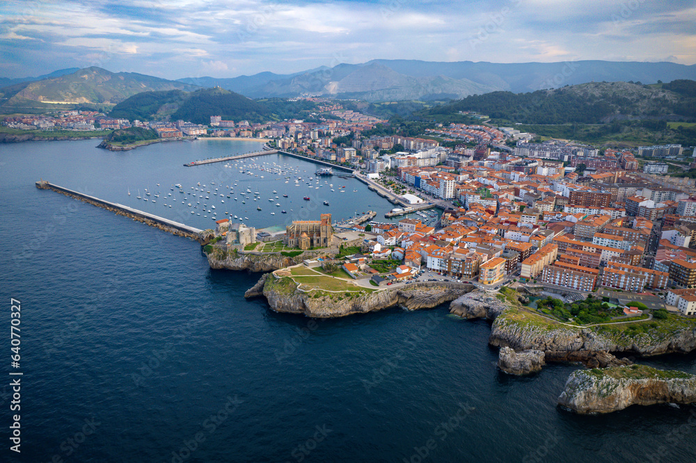 Seaside Spanish village of Castro Urdiales Spain at sunset from above