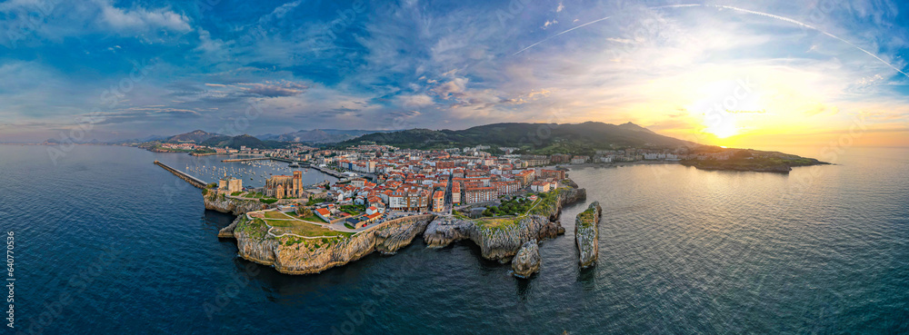 Seaside Spanish village of Castro Urdiales Spain at sunset from above