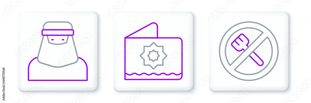 Set line Ramadan fasting, Muslim woman niqab and Octagonal star icon. Vector Set line Ramadan fasting, Muslim woman niqab and Octagonal star icon. Vector