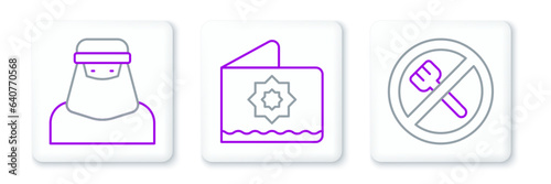 Set line Ramadan fasting, Muslim woman niqab and Octagonal star icon. Vector