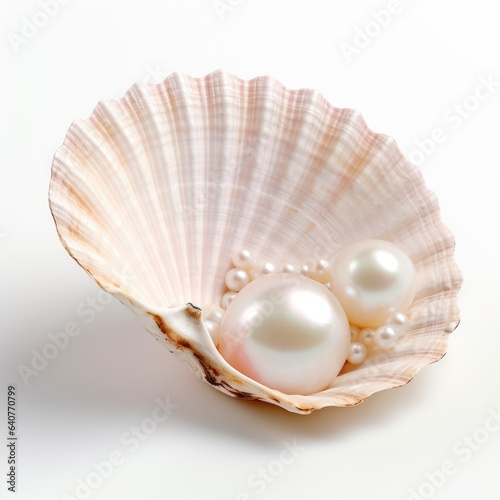 Two pearls in a shell on a white surface. Digital image.