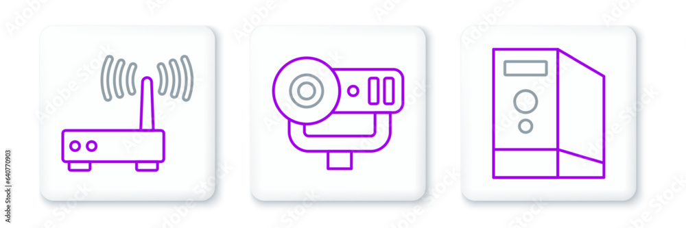 Set line Case of computer, Router and wi-fi signal and Web camera icon. Vector Set line Case of computer, Router and wi-fi signal and Web camera icon. Vector