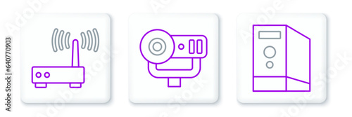 Set line Case of computer, Router and wi-fi signal and Web camera icon. Vector