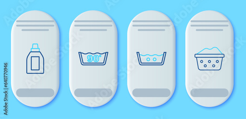 Set line Temperature wash, Bottle for cleaning agent and Basin with soap suds icon. Vector