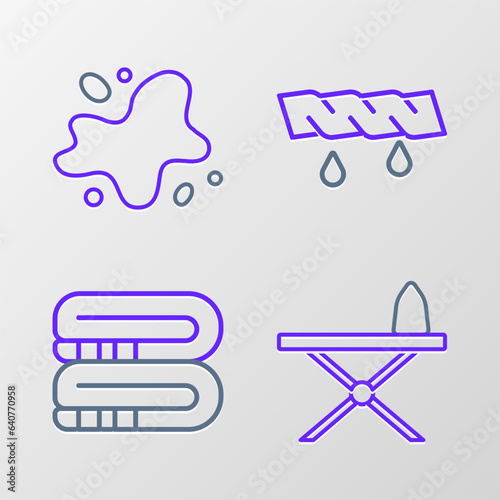 Set line Iron and ironing board, Towel stack, Squeeze clothes and Water spill icon. Vector