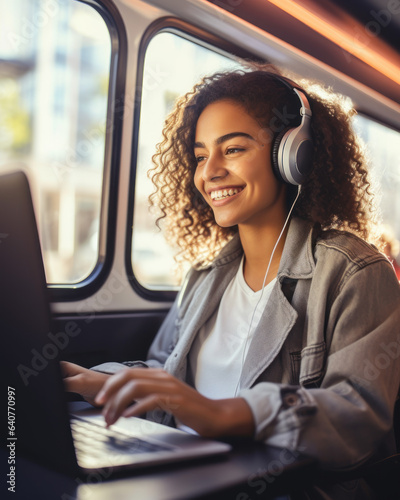 Curly African American woman listening to music on laptop using headphones on intercity bus © Kedek Creative