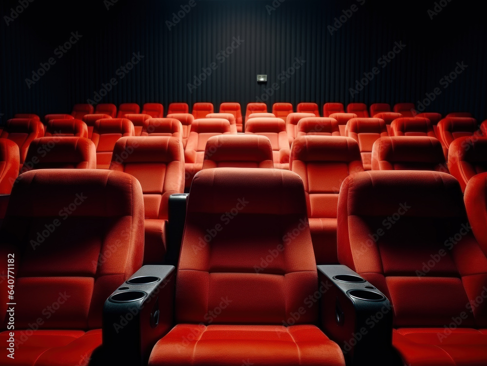 Empty cinema auditorium with rows of red seats