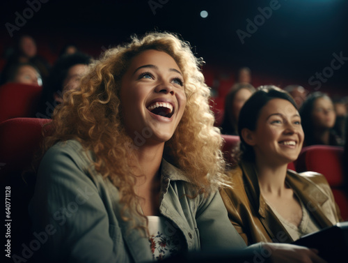 Cheerful woman laughing while watching a movie in the cinema, sitting on the red chair of the cinema